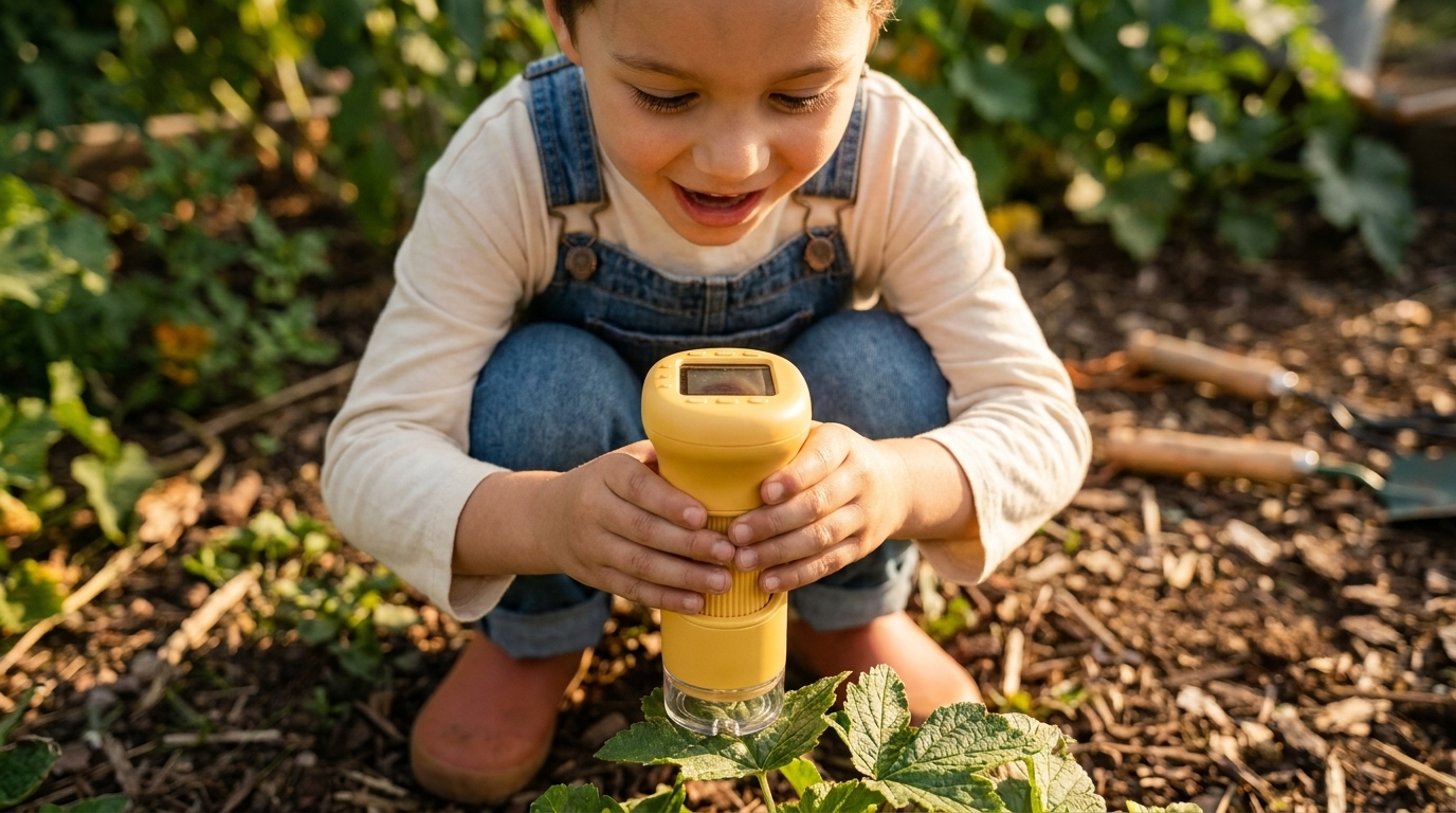 A child outside using the Explorer Microscope