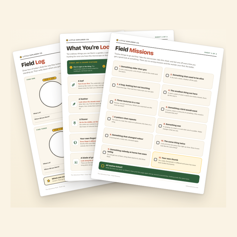 The Adventure Pack, three printable field sheets fanned out