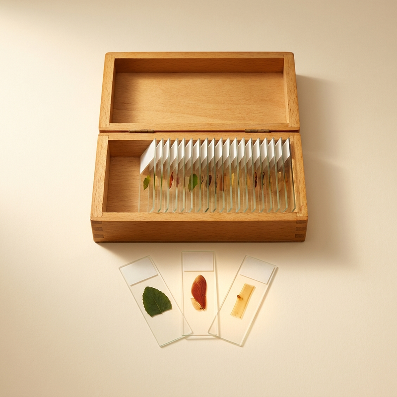 A wooden box of prepared glass microscope slides with three lying in front