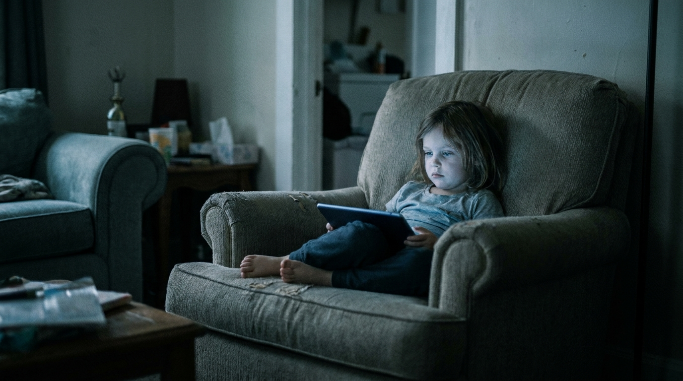 A child glued to a tablet screen